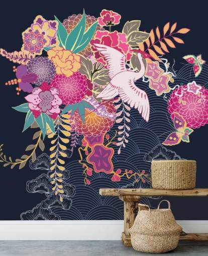 papel pintado grulla japonesa y colorido floral