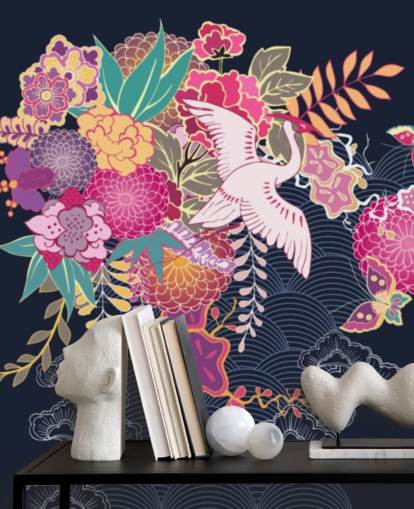 japansk kran og fargerik floral tapet