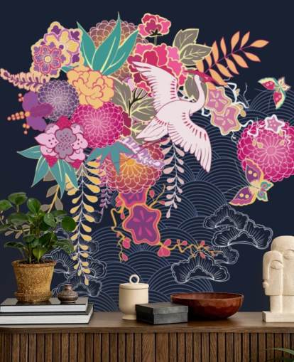 japanse kraan en kleurrijk bloemenbehang