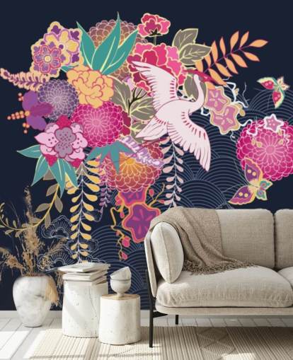 japanischer Kranich und bunte Blumentap