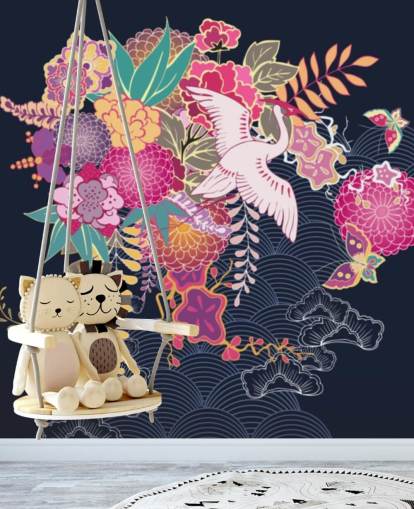 japanese crane and colourful floral wallpaper japanese crane and colourful floral wallpaper