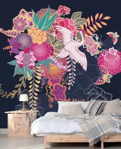 japansk kran og fargerik floral tapet japansk kran og fargerik floral tapet