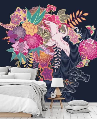 japanse kraan en kleurrijk bloemenbehang