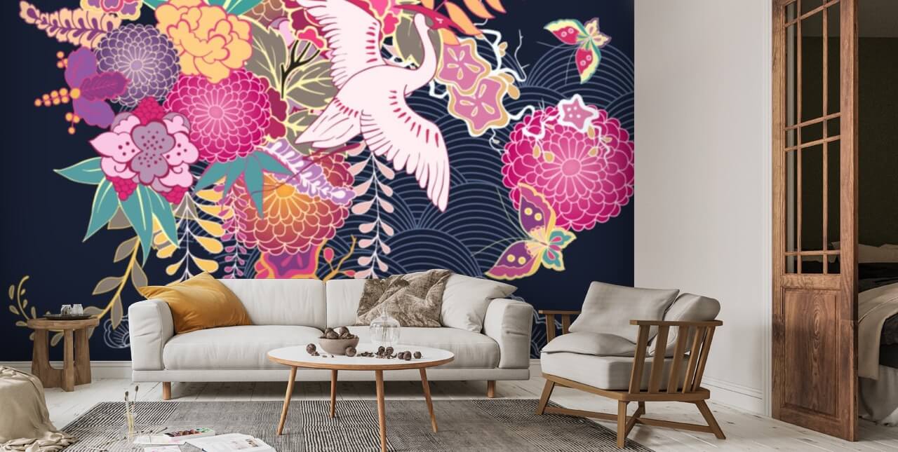 Kimono Floral Bird Wallpaper | Wallsauce AE