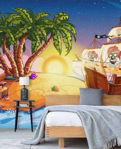 Mural de pared Isla pirata y barco Mural de pared Isla pirata y barco