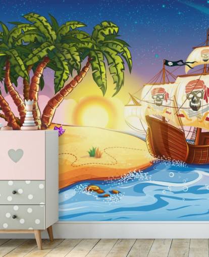 Pirate Island och fartyg väggmålning Pirate Island och fartyg väggmålning