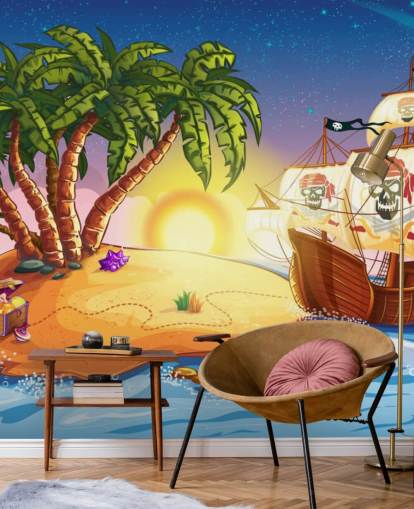 Mural de pared Isla pirata y barco Mural de pared Isla pirata y barco