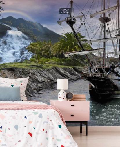 Navio pirata pelo mural da parede da costa