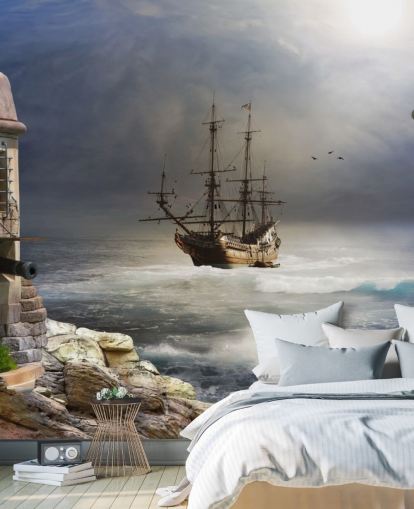 Pirate Ship in Stormy Sea Wallpaper