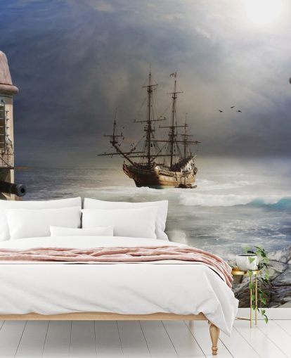 Piratenschip in Stormachtige Zee Behang Piratenschip in Stormachtige Zee Behang