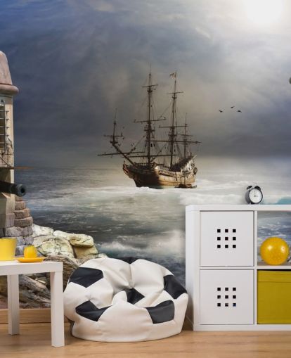 Pirate Ship in Stormy Sea Wallpaper