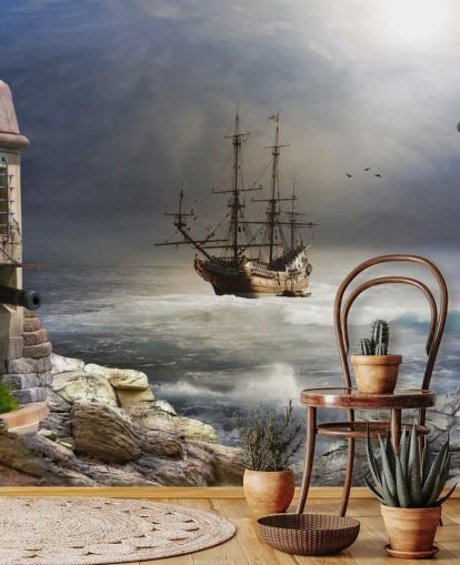 Pirate Ship in Stormy Sea Wallpaper