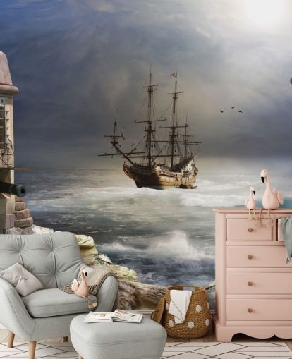 Pirate Ship in Stormy Sea Wallpaper