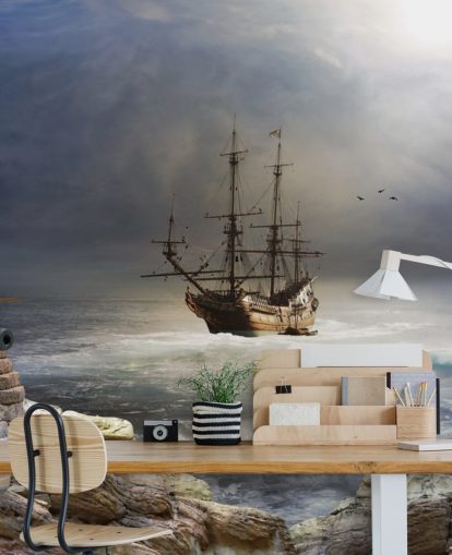Pirate Ship in Stormy Sea Wallpaper