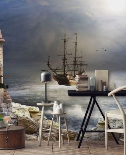 Pirate Ship in Stormy Sea Wallpaper