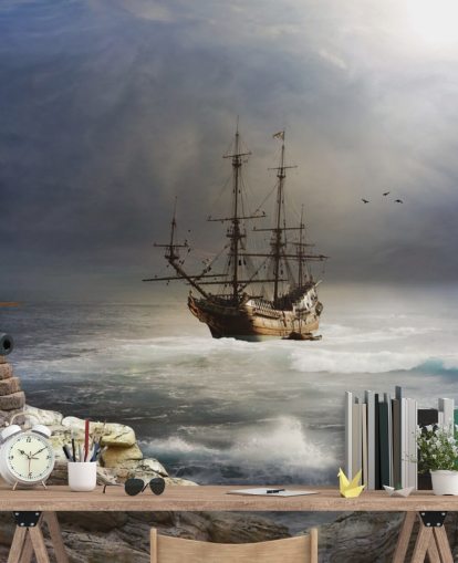 Piratenschip in Stormachtige Zee Behang