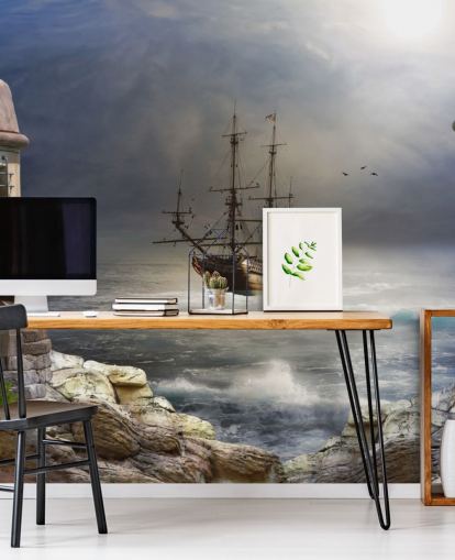 Piratenschip in Stormachtige Zee Behang