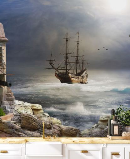 Pirate Ship in Stormy Sea Wallpaper