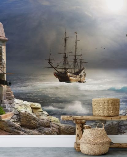 Papier peint bateau pirate dans une mer orageuse
