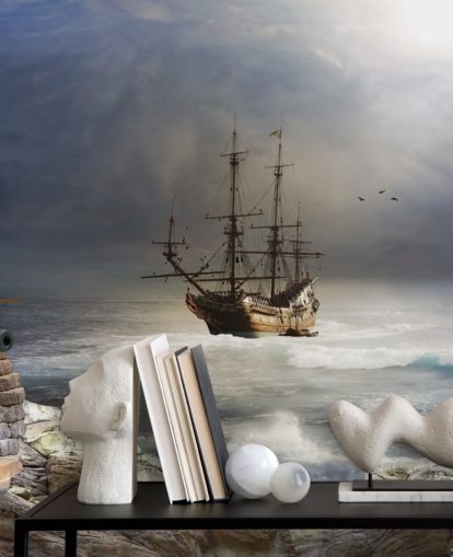 Pirate Ship in Stormy Sea Wallpaper