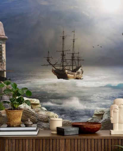 Pirate Ship in Stormy Sea Wallpaper
