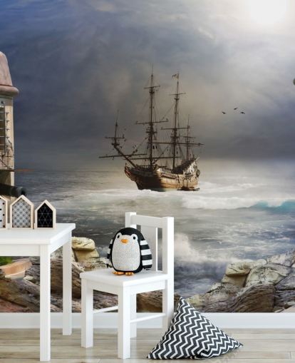 Piratenschip in Stormachtige Zee Behang Piratenschip in Stormachtige Zee Behang