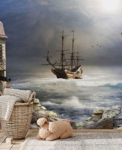 Pirate Ship in Stormy Sea Wallpaper