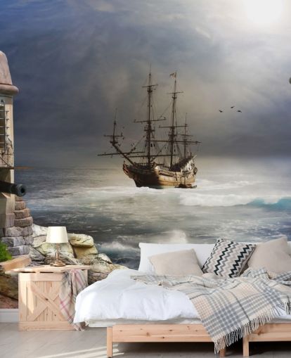 Pirate Ship in Stormy Sea Wallpaper