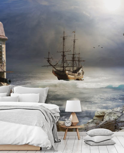 Piratenschip in Stormachtige Zee Behang Piratenschip in Stormachtige Zee Behang