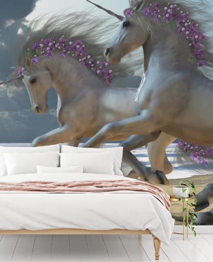 Mural de pared de unicornios corriendo por la playa