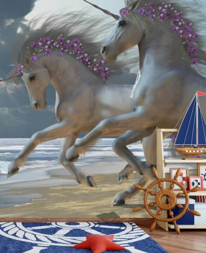 Mural de pared de unicornios corriendo por la playa Mural de pared de unicornios corriendo por la playa
