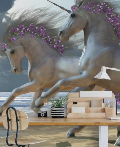 Decorazione murale con unicorni che corrono sulla spiaggia