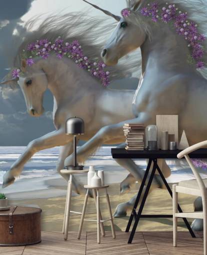 Mural de pared de unicornios corriendo por la playa
