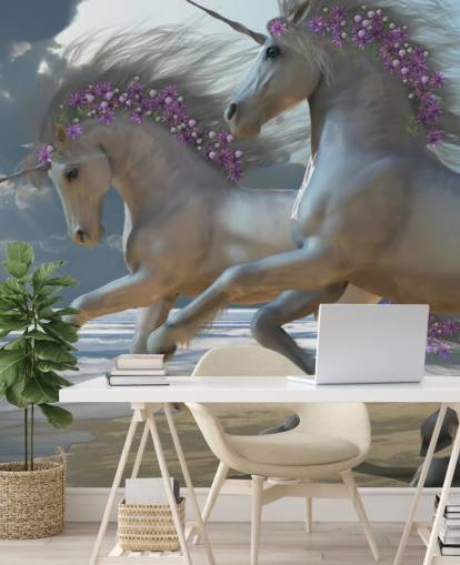 Mural de pared de unicornios corriendo por la playa