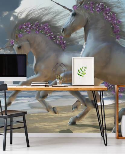 Mural de pared de unicornios corriendo por la playa