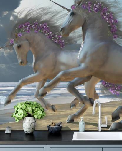 Unicorns Running on the Beach Wall Mural