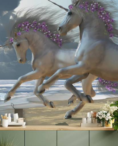 Mural de pared de unicornios corriendo por la playa