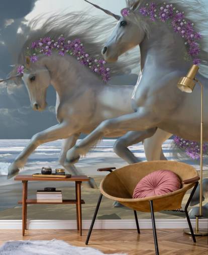 Mural de pared de unicornios corriendo por la playa
