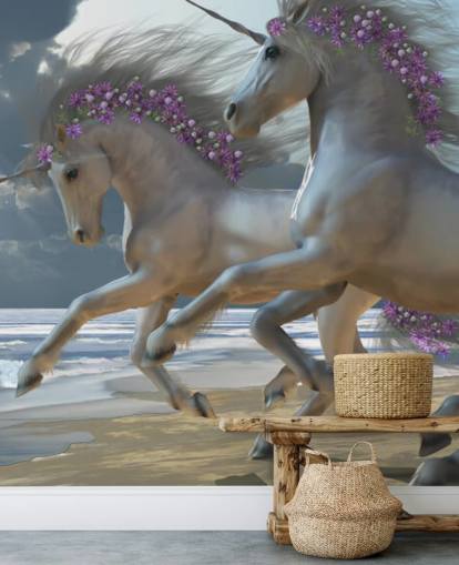 Mural de pared de unicornios corriendo por la playa