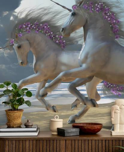 Decorazione murale con unicorni che corrono sulla spiaggia Decorazione murale con unicorni che corrono sulla spiaggia