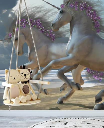 Decorazione murale con unicorni che corrono sulla spiaggia