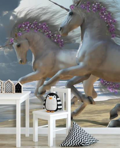 Decorazione murale con unicorni che corrono sulla spiaggia Decorazione murale con unicorni che corrono sulla spiaggia