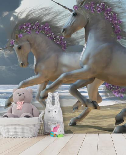 Wandbild „Einhörner laufen am Strand“