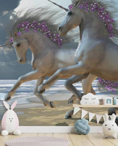 Mural de parede de unicórnios correndo na praia Mural de parede de unicórnios correndo na praia