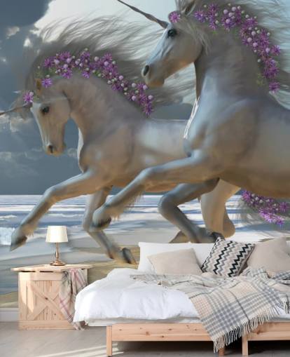 Mural de pared de unicornios corriendo por la playa