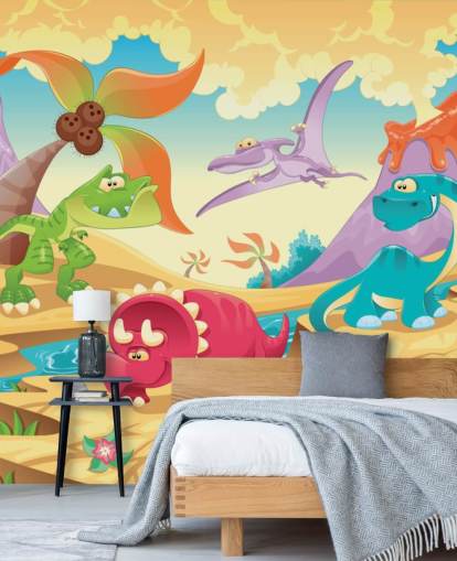 Dinosaurusten sarjakuva seinämaalaus Dinosaurusten sarjakuva seinämaalaus