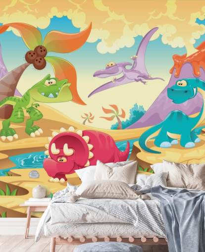 Dinosaurusten sarjakuva seinämaalaus Dinosaurusten sarjakuva seinämaalaus