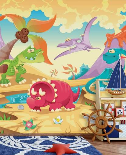 Dinosaurussen Cartoon muurschildering behang Dinosaurussen Cartoon muurschildering behang