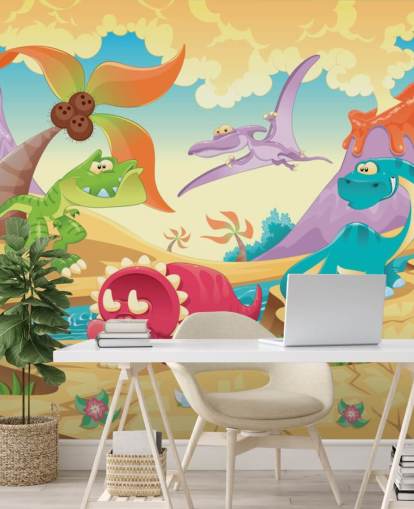 Papel pintado mural de dibujos animados de dinosaurios