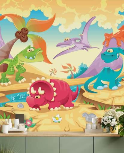 Papel pintado mural de dibujos animados de dinosaurios